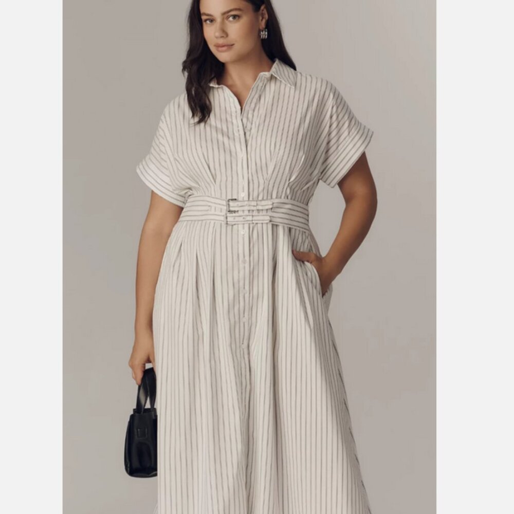 Anthropologie The Tobie Double Buckle Shirt Dress by Exquise Pinstripe M NWT - Picture 6 of 8